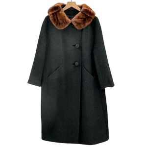 Vintage 1960s Women's Long Winter Coat Real Fur Collar Black Nubby Wool Blend L